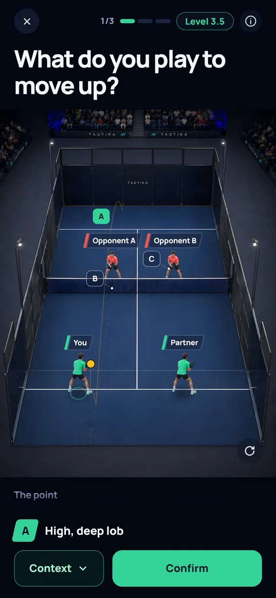 The letters A, B and C on court, with A picked: "High, deep lob".