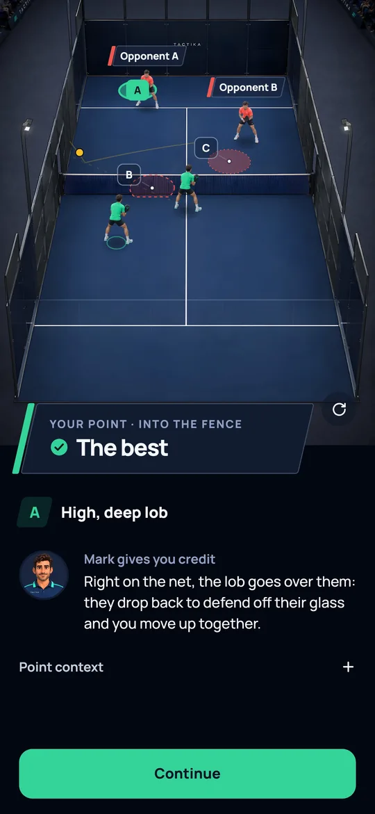 The point over: "Your point, into the fence", the best decision, and Mark’s explanation below.