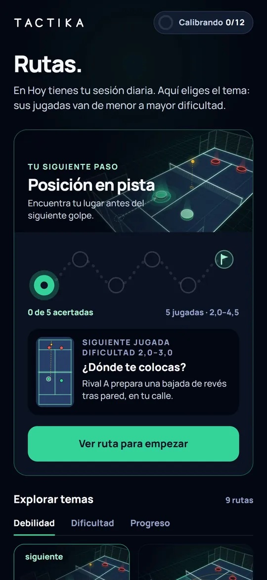 Pantalla Rutas de la app: tu siguiente paso, «Posición en pista», y los temas para explorar.