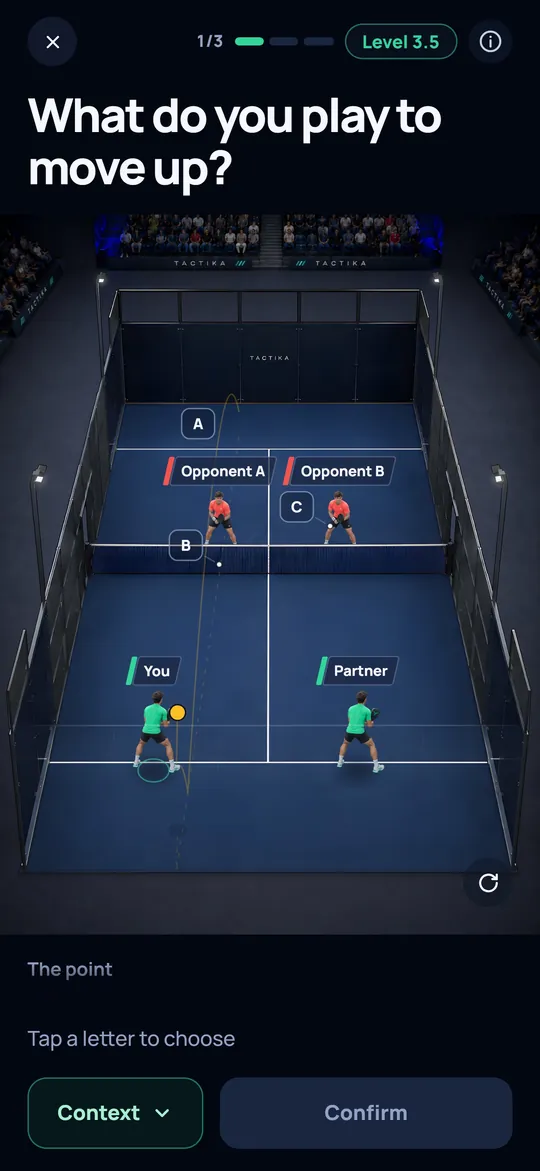 The app at work: the play "What do you play to move up?" stops before your shot, you pick the high, deep lob, confirm, and your partner smashes it into the fence. Mark explains why it is the best decision.