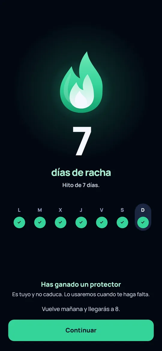La llama de la racha prende en la app: 7 días de racha, la semana completa y un protector ganado.