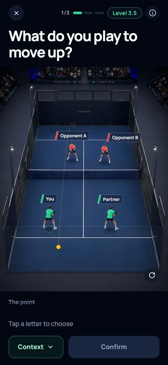 The play running: Opponent A’s lob drops towards your back court; the opponents wait right on the net.